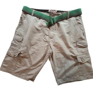 Plugg Mens Cargo Shorts Khaki Tan Size 36 With Green Web Belt Polyester Casual